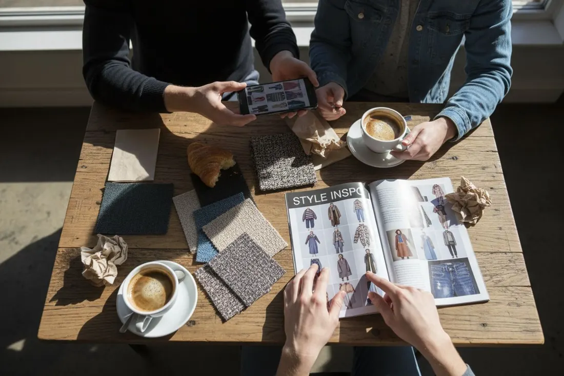 Deux amies comparent des tenues sur un téléphone à une table de café
