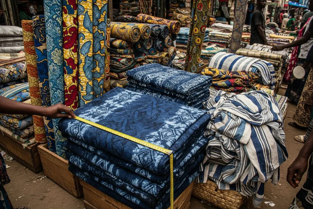 Main qui mesure un tissu avec un mètre ruban sur un marché