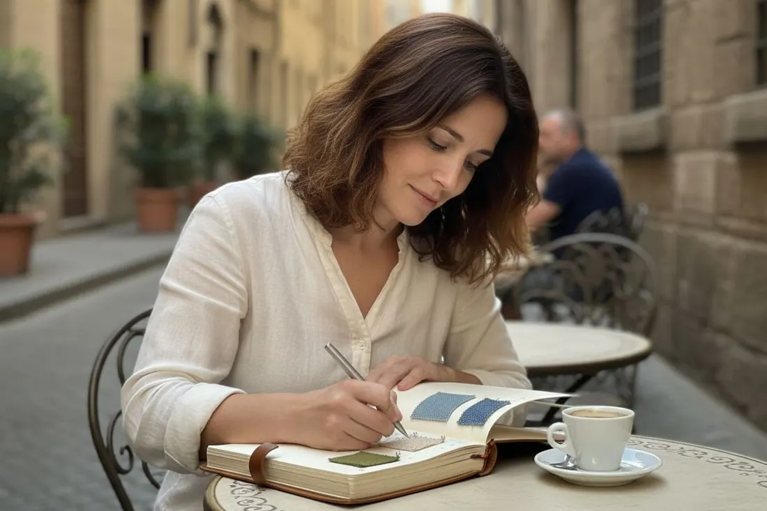 Nadia écrit dans un carnet où sont épinglés des échantillons de tissu