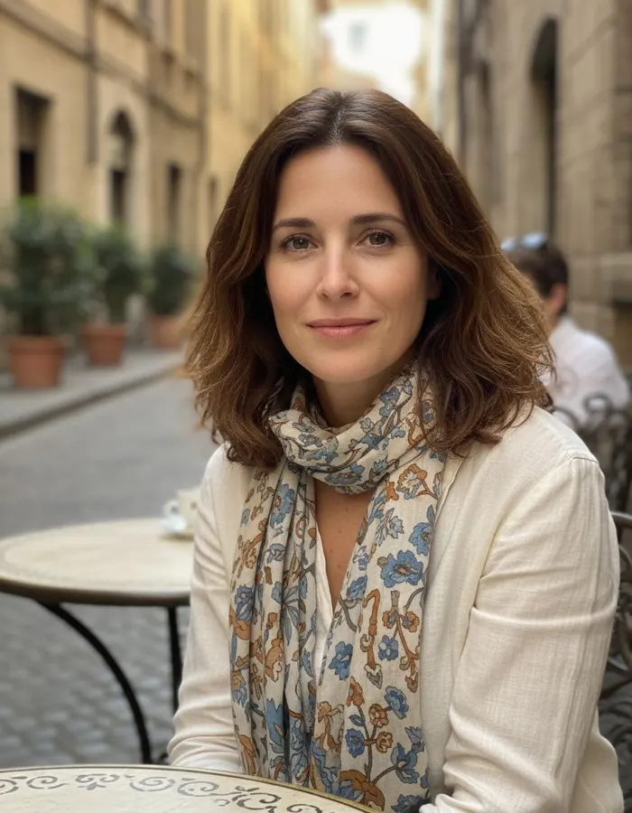 Nadia Segur en terrasse, foulard imprimé