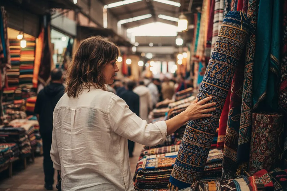 Nadia touche un rouleau de tissu dans un souk