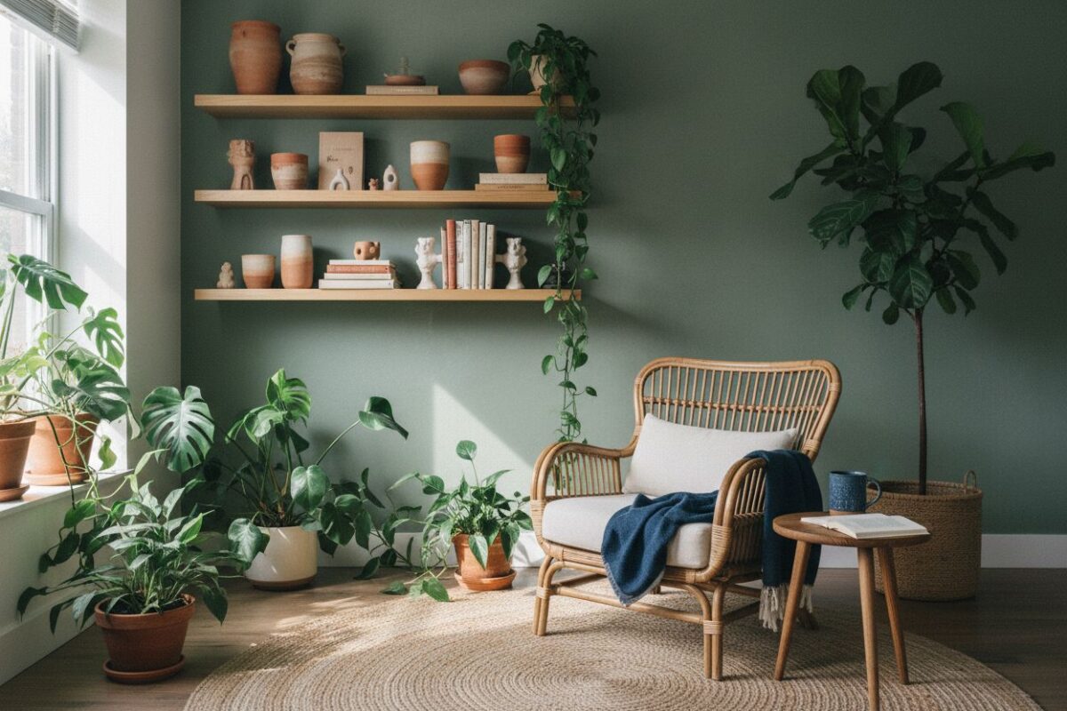 7 idées déco pour un salon vert et bois inspiré de mes voyages